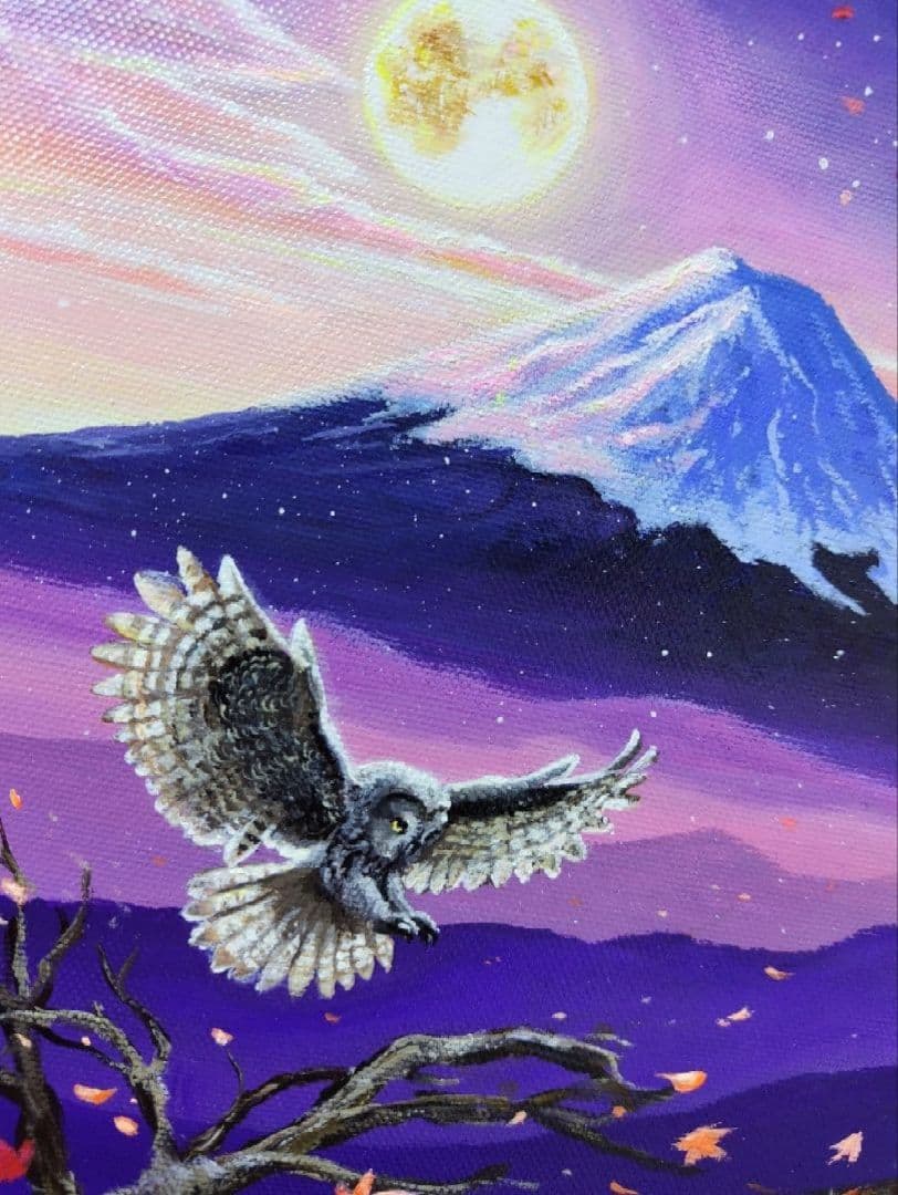 【月光と富士】アクリル画 F3 風景画 絵画