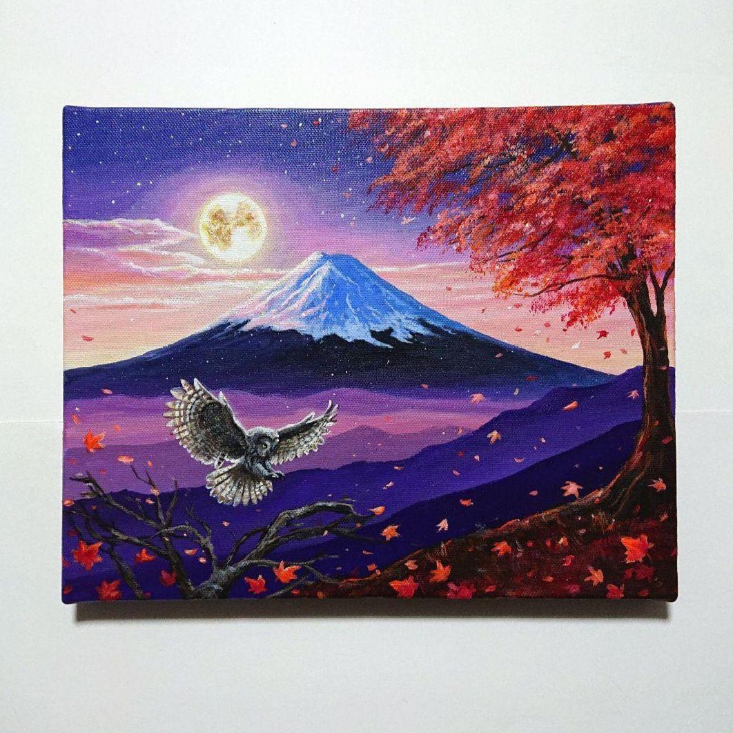 【月光と富士】アクリル画 F3 風景画 絵画