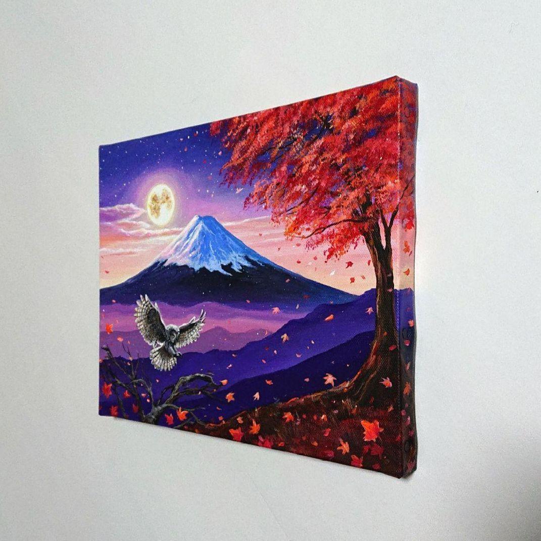 【月光と富士】アクリル画 F3 風景画 絵画