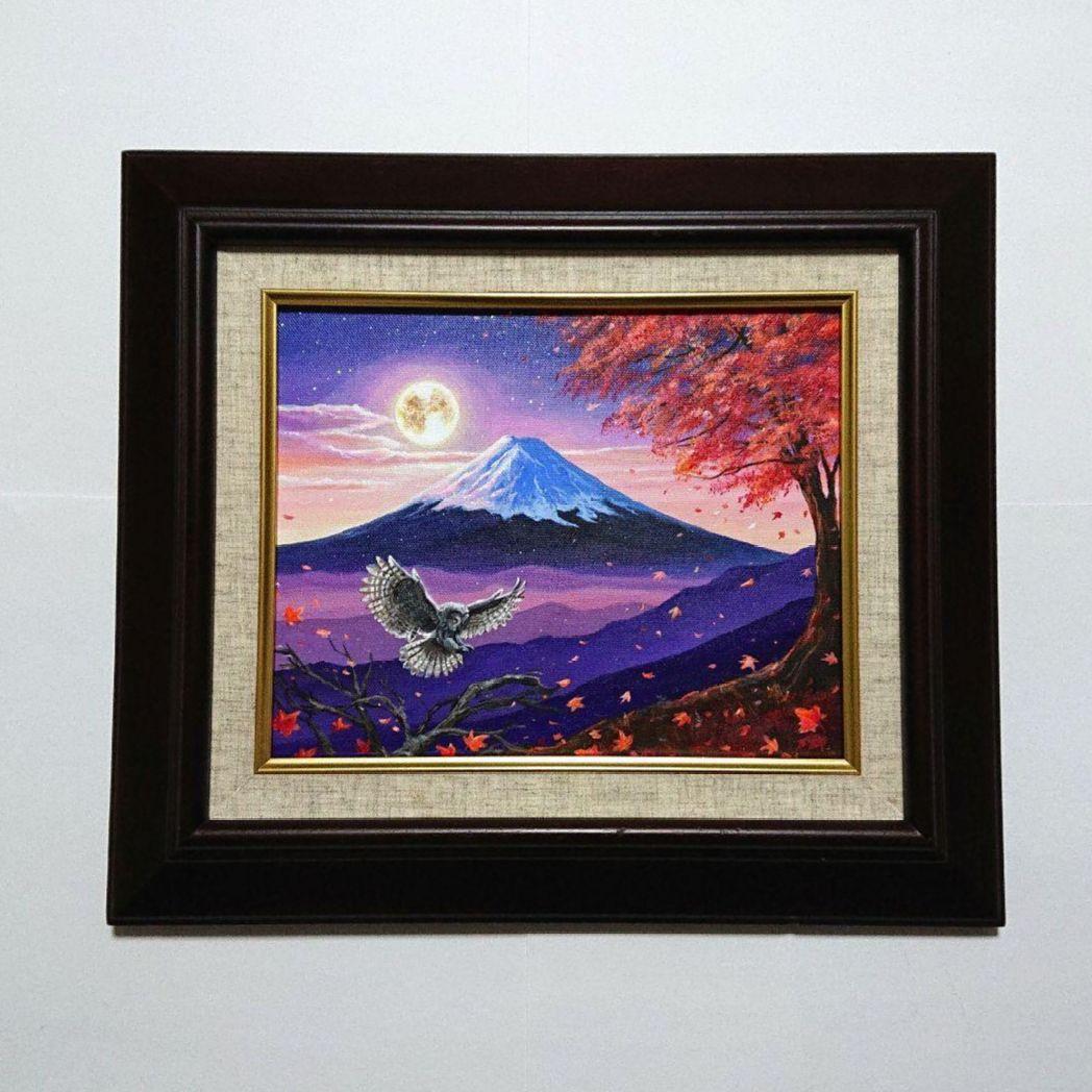 【月光と富士】アクリル画 F3 風景画 絵画