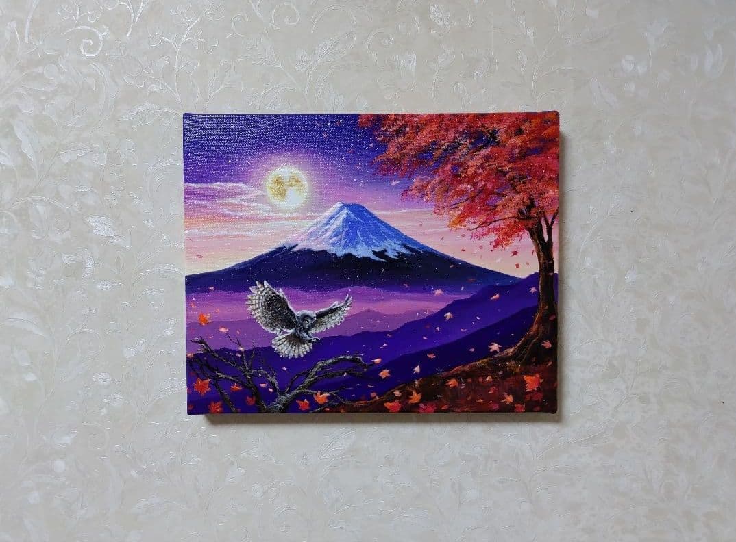 【月光と富士】アクリル画 F3 風景画 絵画