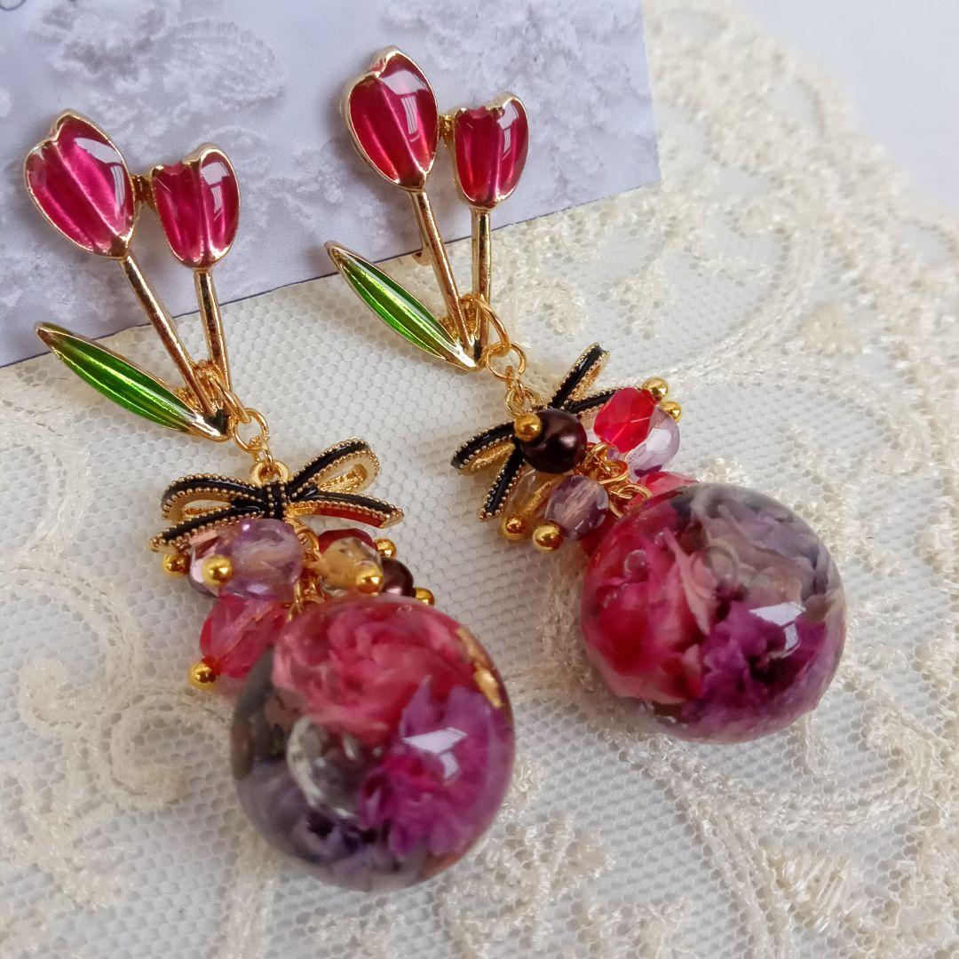 Hand madeイヤリング♪薔薇とチューリップイヤリング