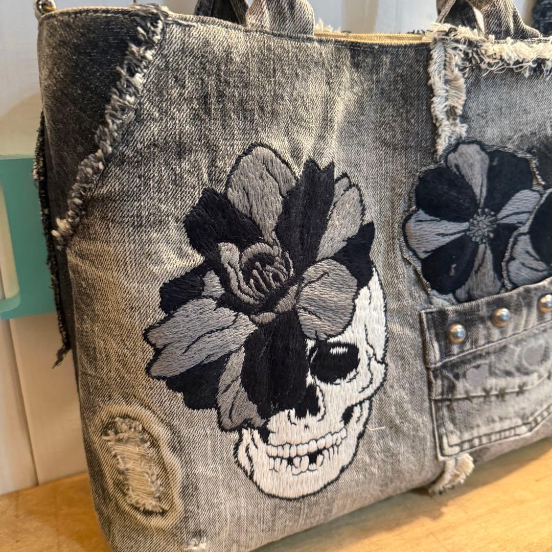 デニムリメイク スカルトートバッグ