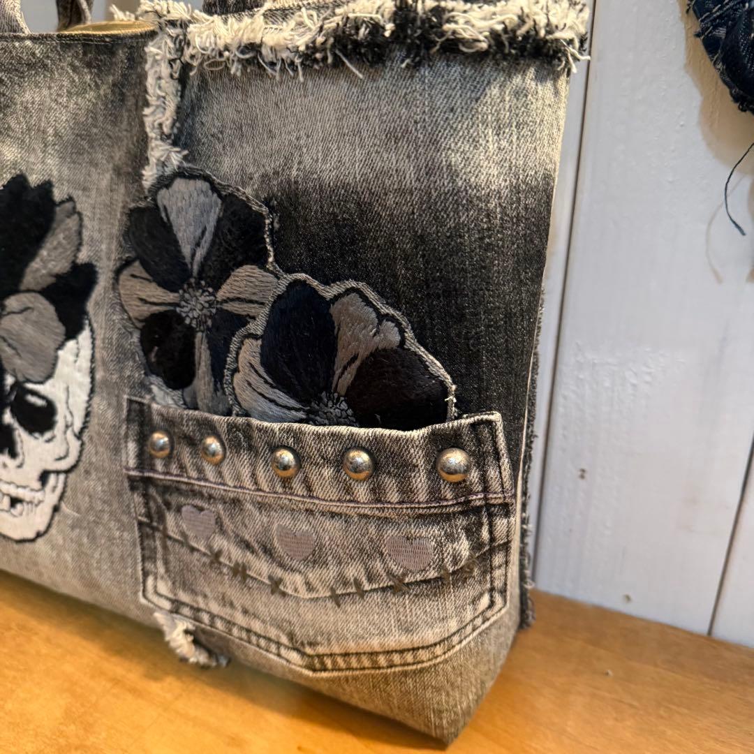 デニムリメイク スカルトートバッグ