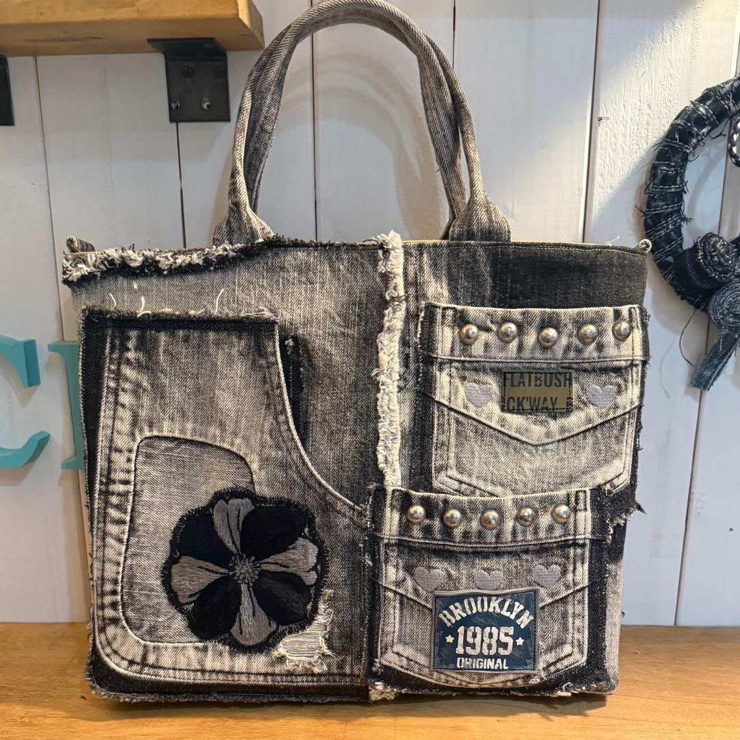 デニムリメイク スカルトートバッグ