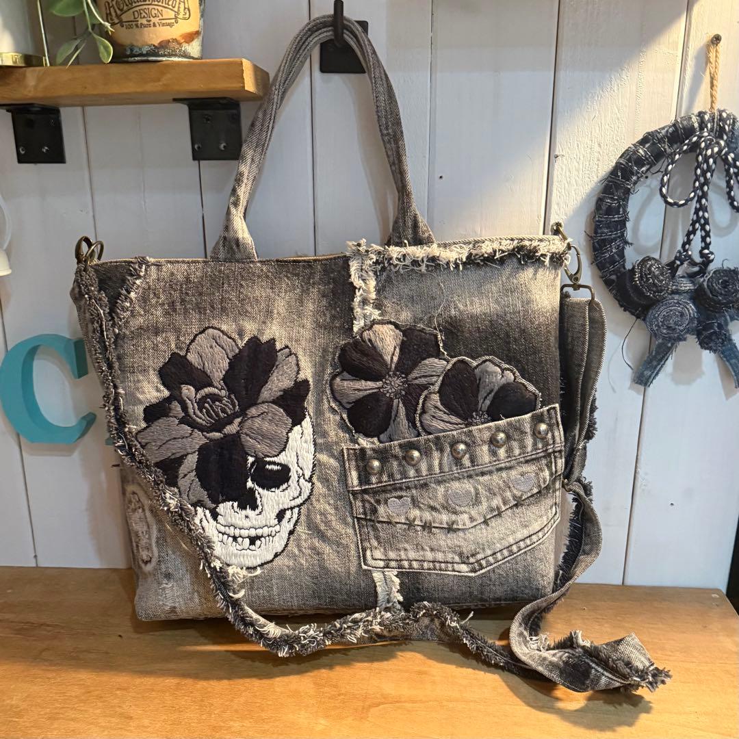 デニムリメイク スカルトートバッグ