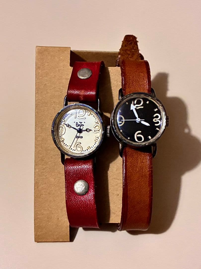 アンティーク腕時計 ハンドメイド 一点物 本革 レザー ブラウン 茶 ペア 美品