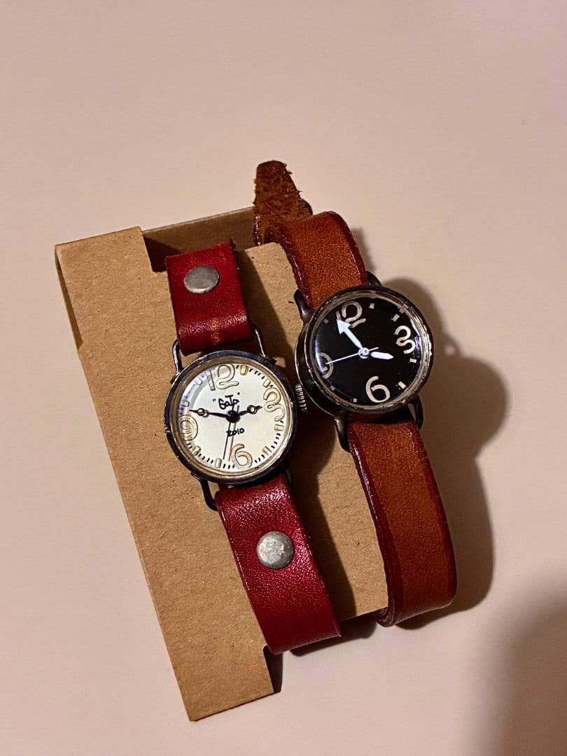 アンティーク腕時計 ハンドメイド 一点物 本革 レザー ブラウン 茶 ペア 美品