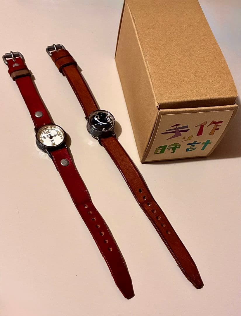 アンティーク腕時計 ハンドメイド 一点物 本革 レザー ブラウン 茶 ペア 美品