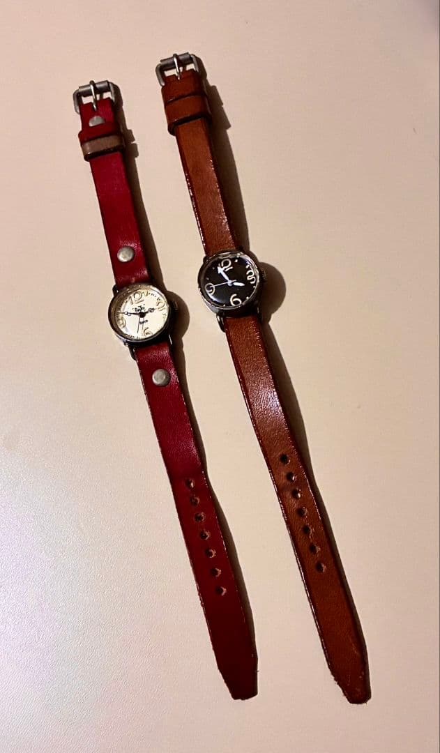 アンティーク腕時計 ハンドメイド 一点物 本革 レザー ブラウン 茶 ペア 美品