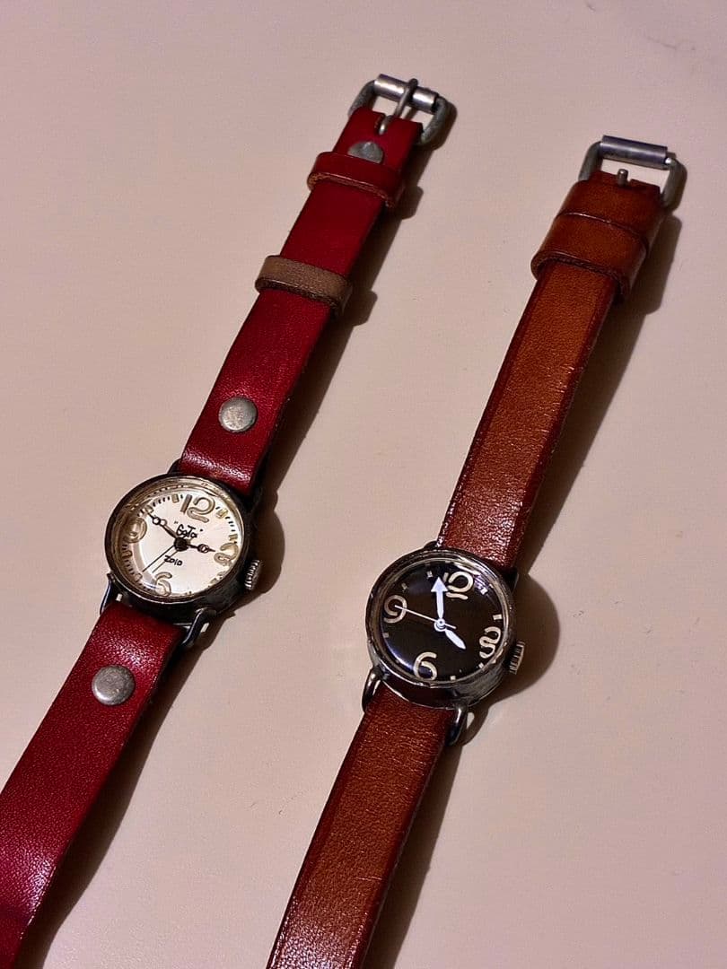 アンティーク腕時計 ハンドメイド 一点物 本革 レザー ブラウン 茶 ペア 美品