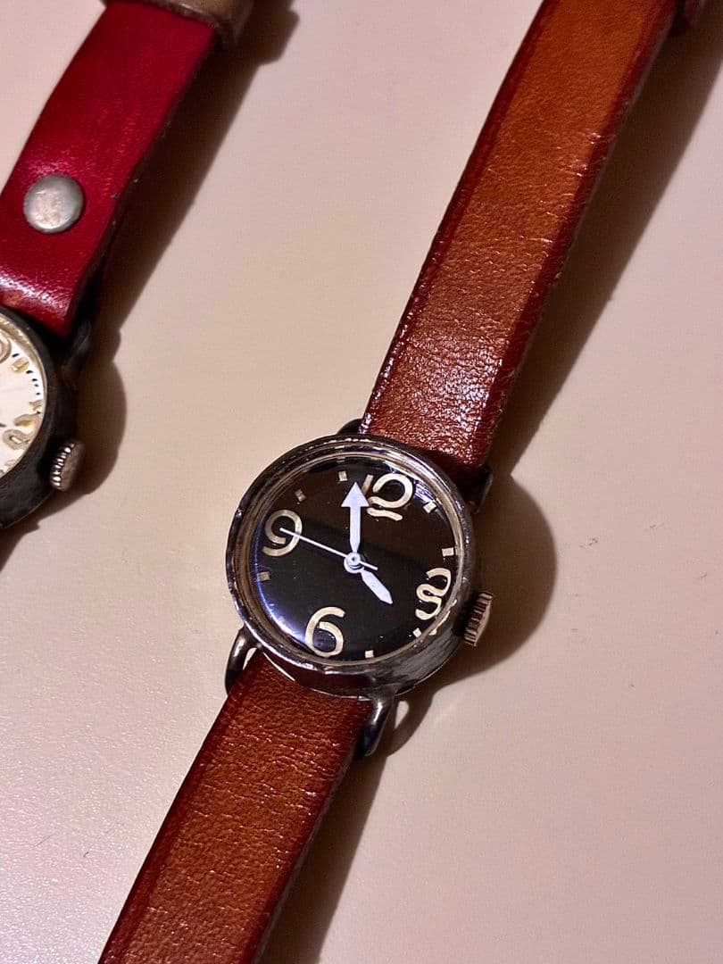 アンティーク腕時計 ハンドメイド 一点物 本革 レザー ブラウン 茶 ペア 美品