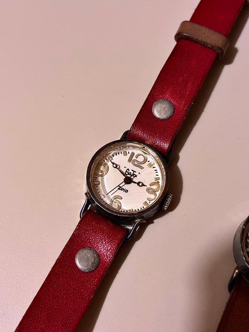 アンティーク腕時計 ハンドメイド 一点物 本革 レザー ブラウン 茶 ペア 美品