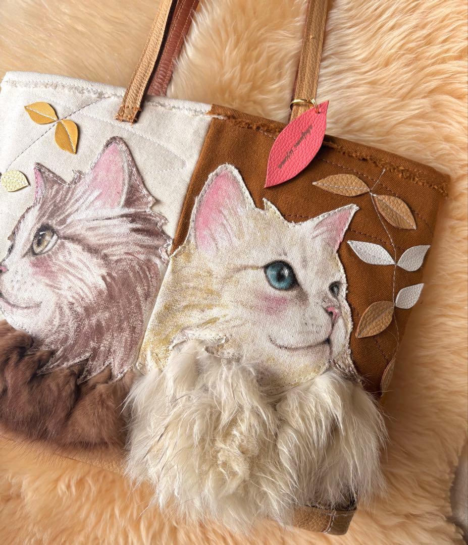 (手づくり)「シュッ」と「まる」猫とねこのファートートバッグ