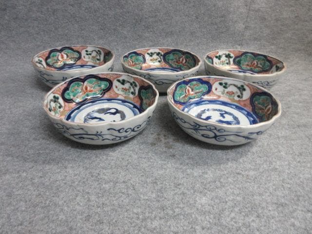 古伊万里金襴手金彩染錦窓絵俊寛鉢5枚 [B26507]