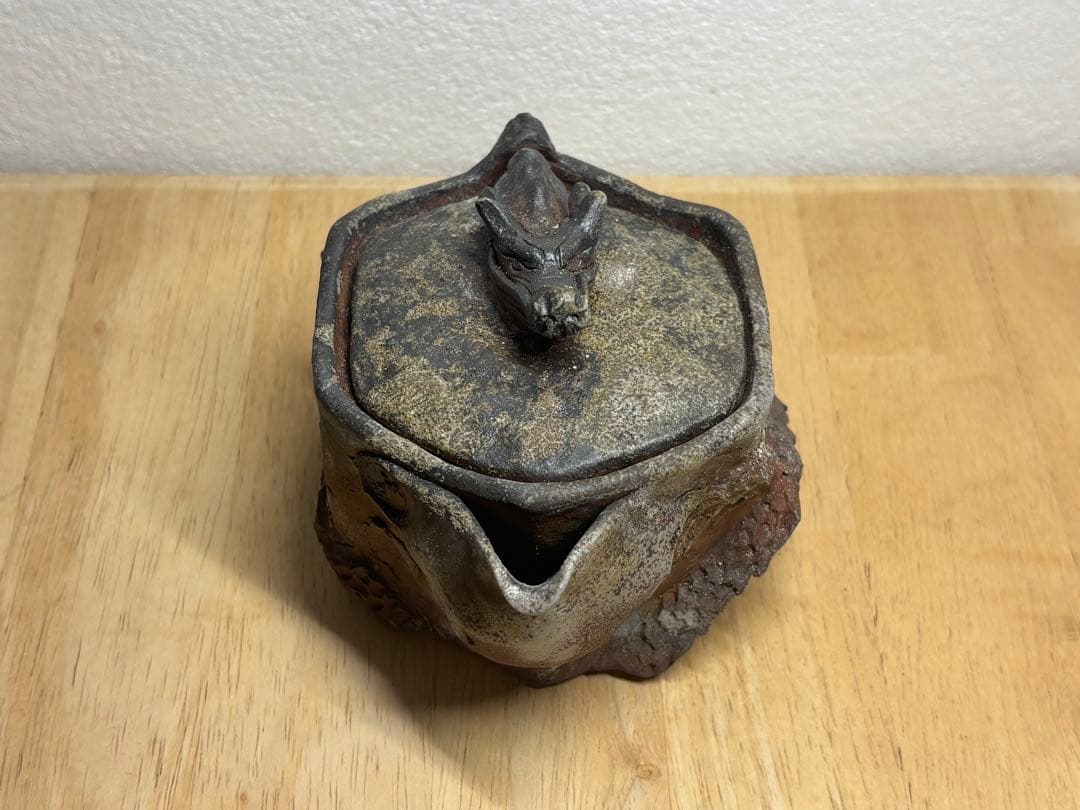 128. 備前焼 宝瓶 登り窯 龍 りゅう 6角 手びねり 急須