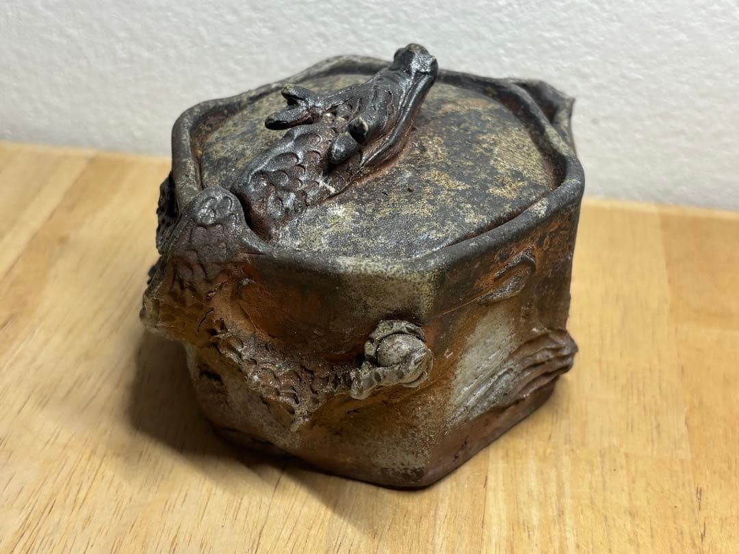 128. 備前焼 宝瓶 登り窯 龍 りゅう 6角 手びねり 急須