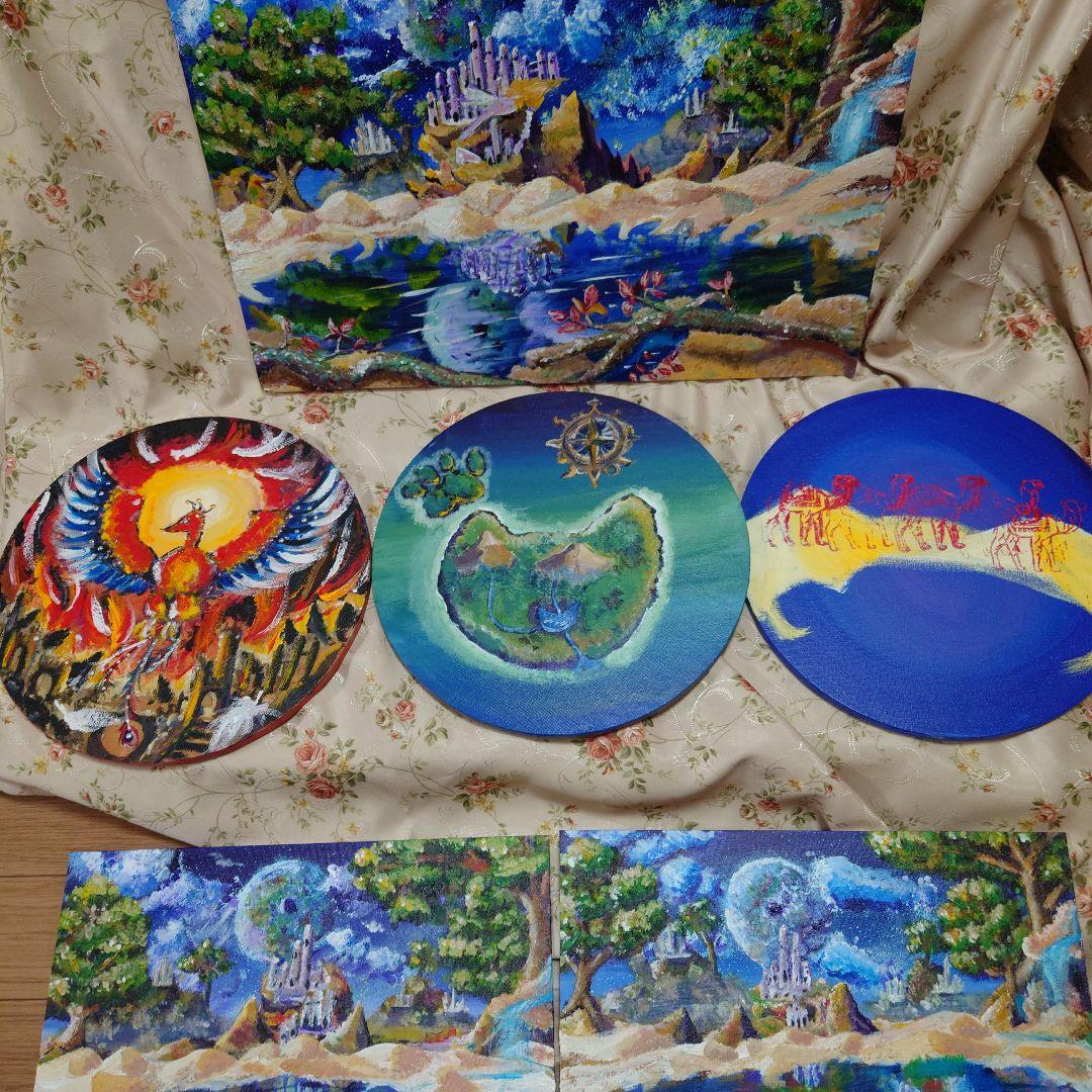 幻想的なファンタジー風景 猫の島 アクリル画