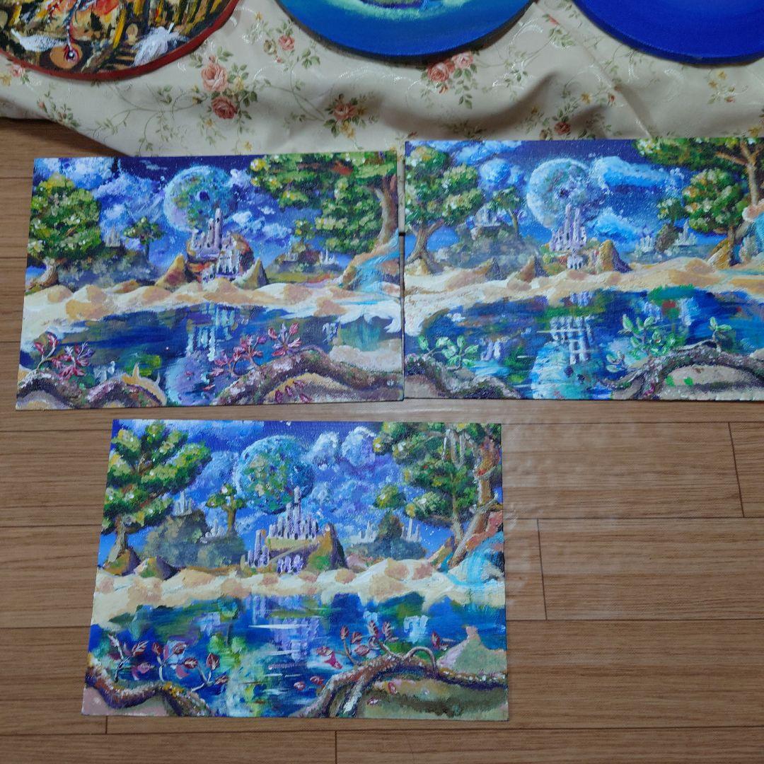 幻想的なファンタジー風景 猫の島 アクリル画