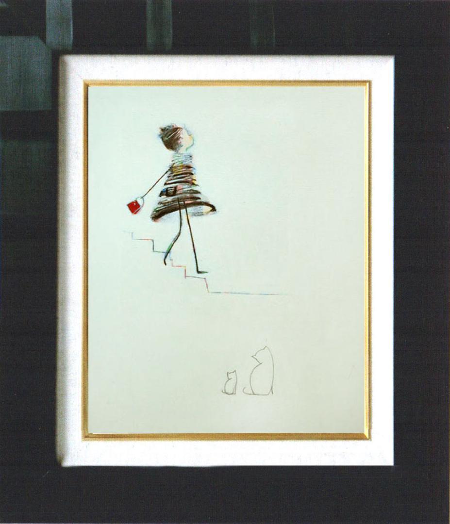 油絵菅家令子絵 絵画インテリア額付(青緑＋金色の枠)F4-040214猫親子女子