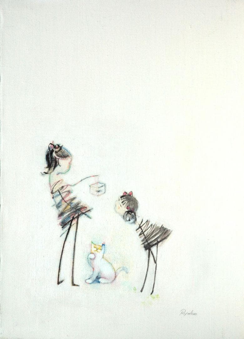 油絵 絵 絵画インテリア 額付(青緑＋金色の枠) F4-030819 猫女の子