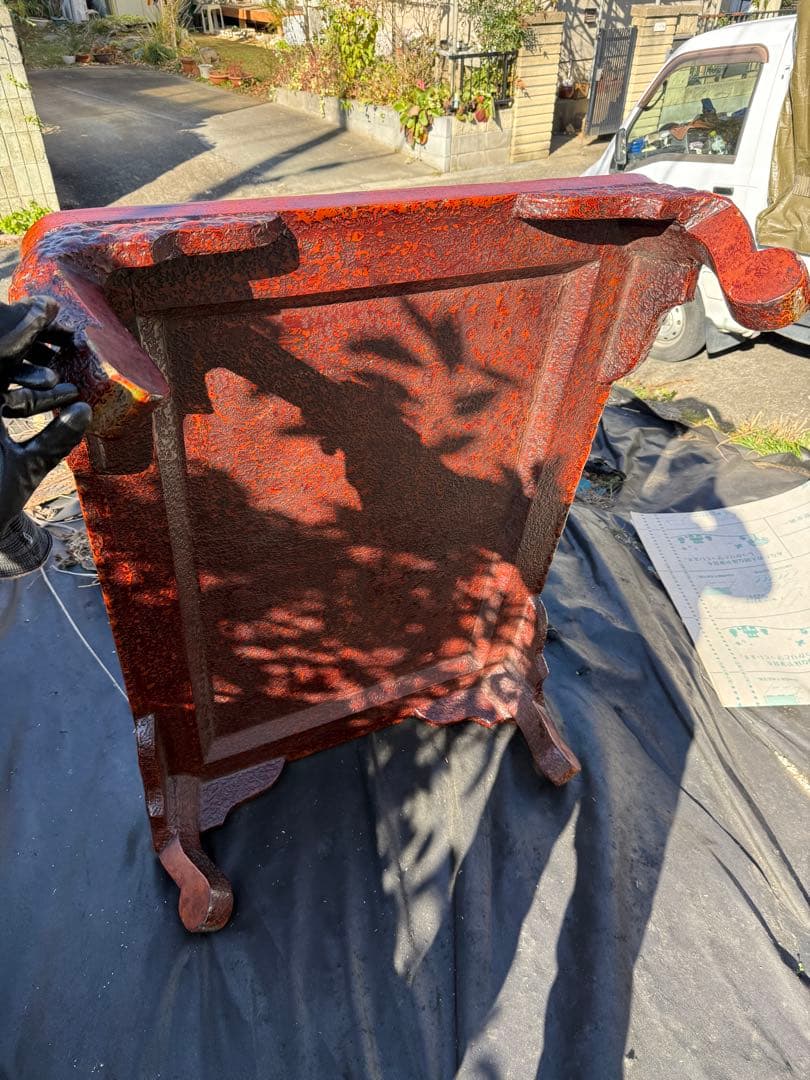 引渡限定！根来塗 座卓 古民具 民芸家具 和家具 朱漆 剥離美 天板クラック有