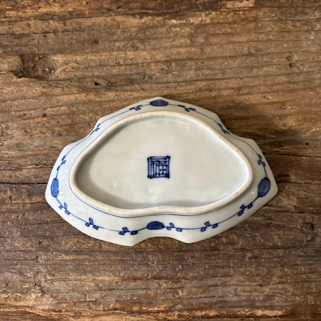 アンティーク変形小皿5点　明治　大正　印判染付古道具　検:白洲正子　李朝