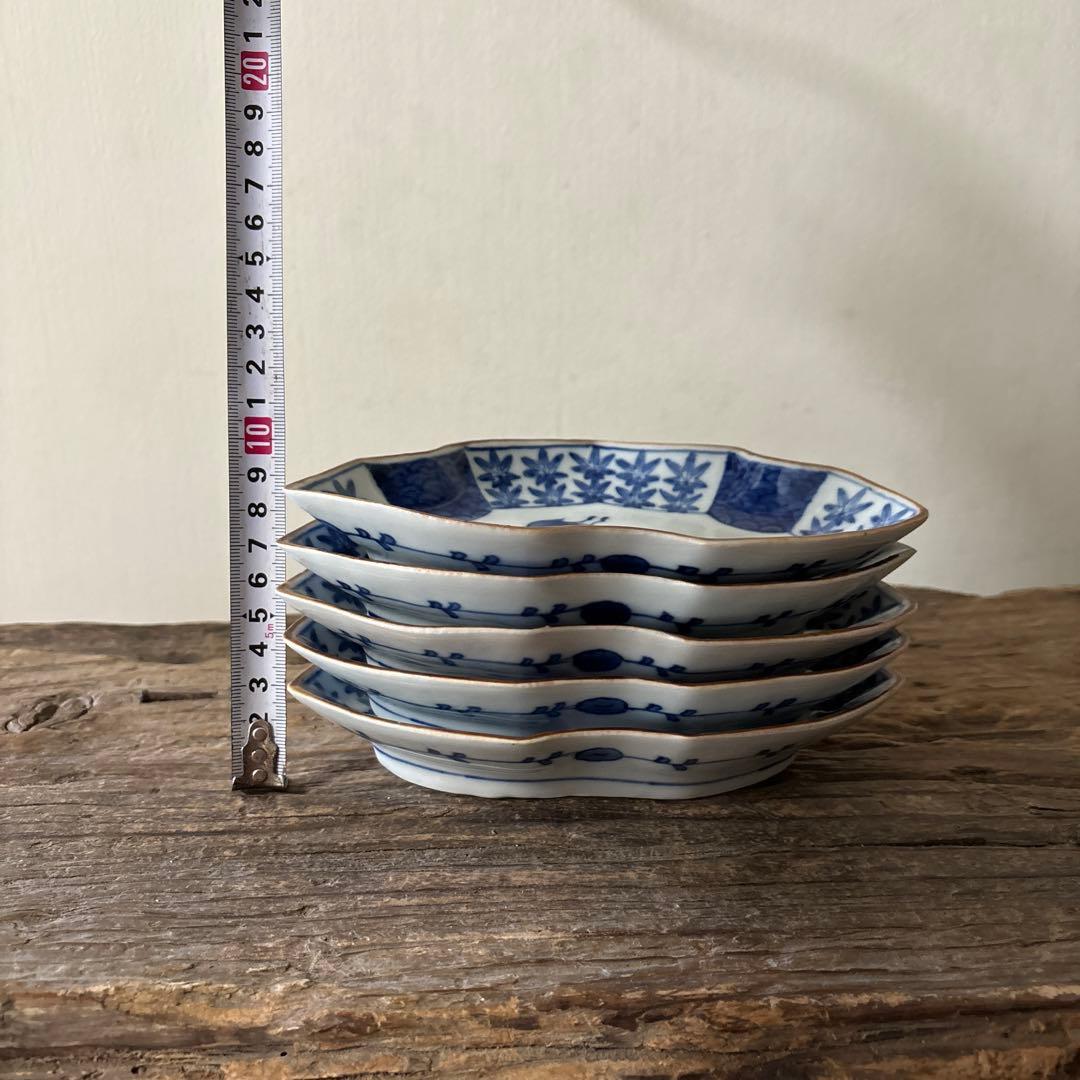 アンティーク変形小皿5点　明治　大正　印判染付古道具　検:白洲正子　李朝