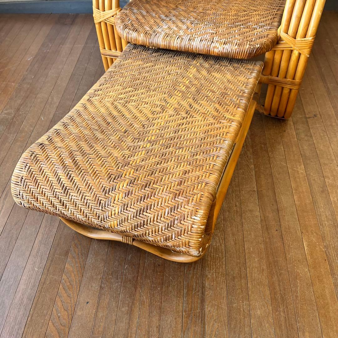 【アンティーク】籐家具 ラタン リクライニングチェア オットマン付き 古家具