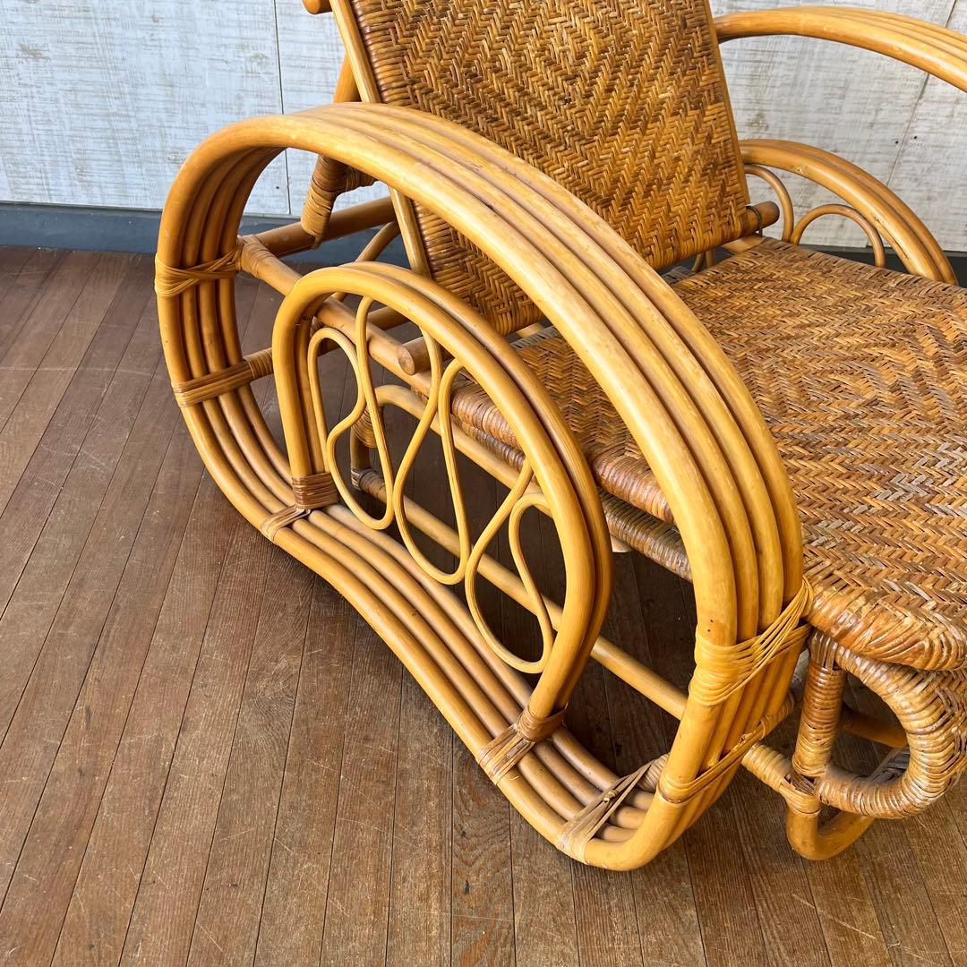 【アンティーク】籐家具 ラタン リクライニングチェア オットマン付き 古家具