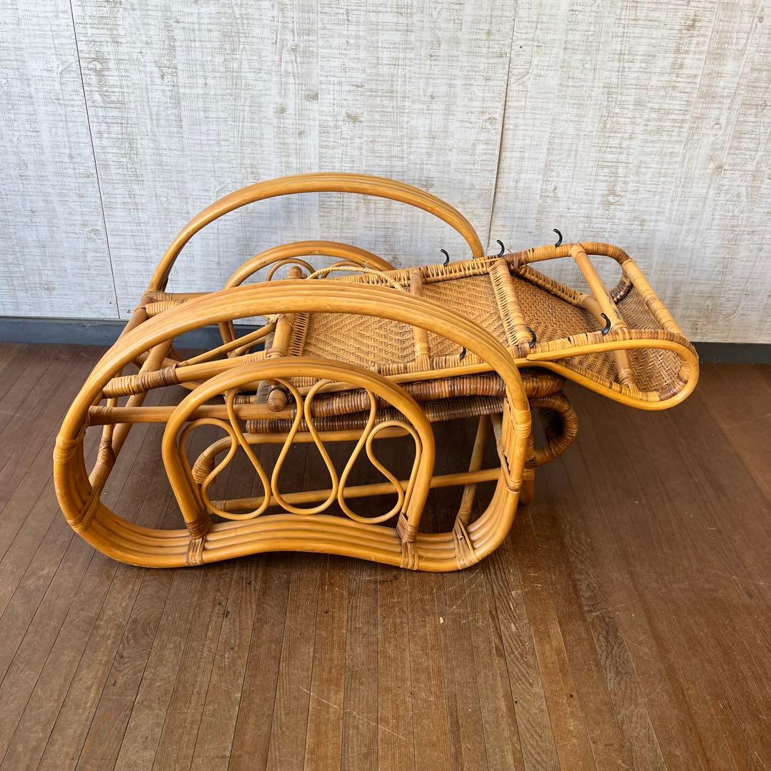 【アンティーク】籐家具 ラタン リクライニングチェア オットマン付き 古家具