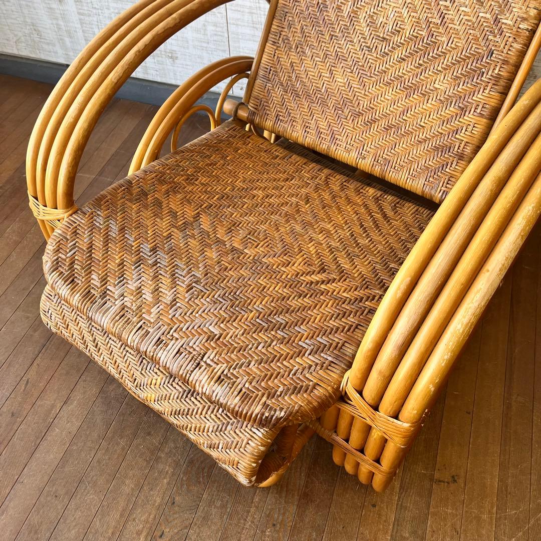 【アンティーク】籐家具 ラタン リクライニングチェア オットマン付き 古家具