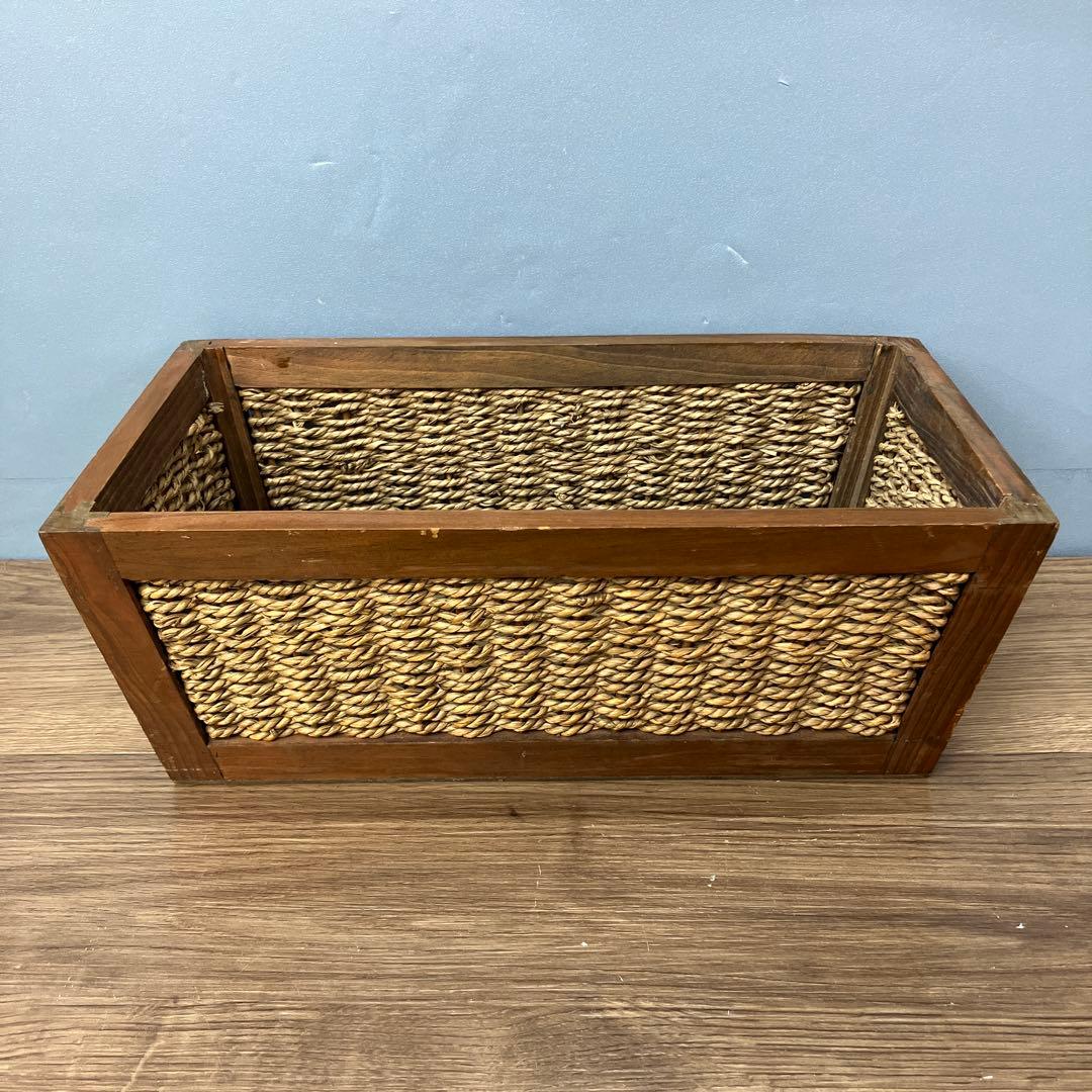 4F 木製フレーム 編み込みバスケット 収納かご アンティーク調 天然素材