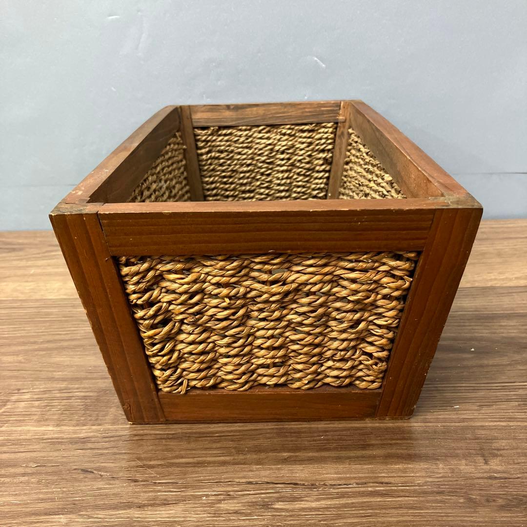 4F 木製フレーム 編み込みバスケット 収納かご アンティーク調 天然素材