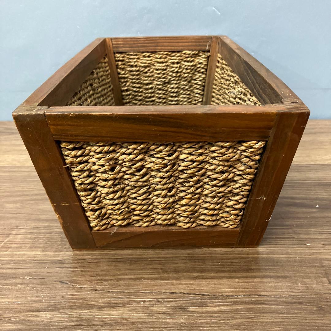 4F 木製フレーム 編み込みバスケット 収納かご アンティーク調 天然素材