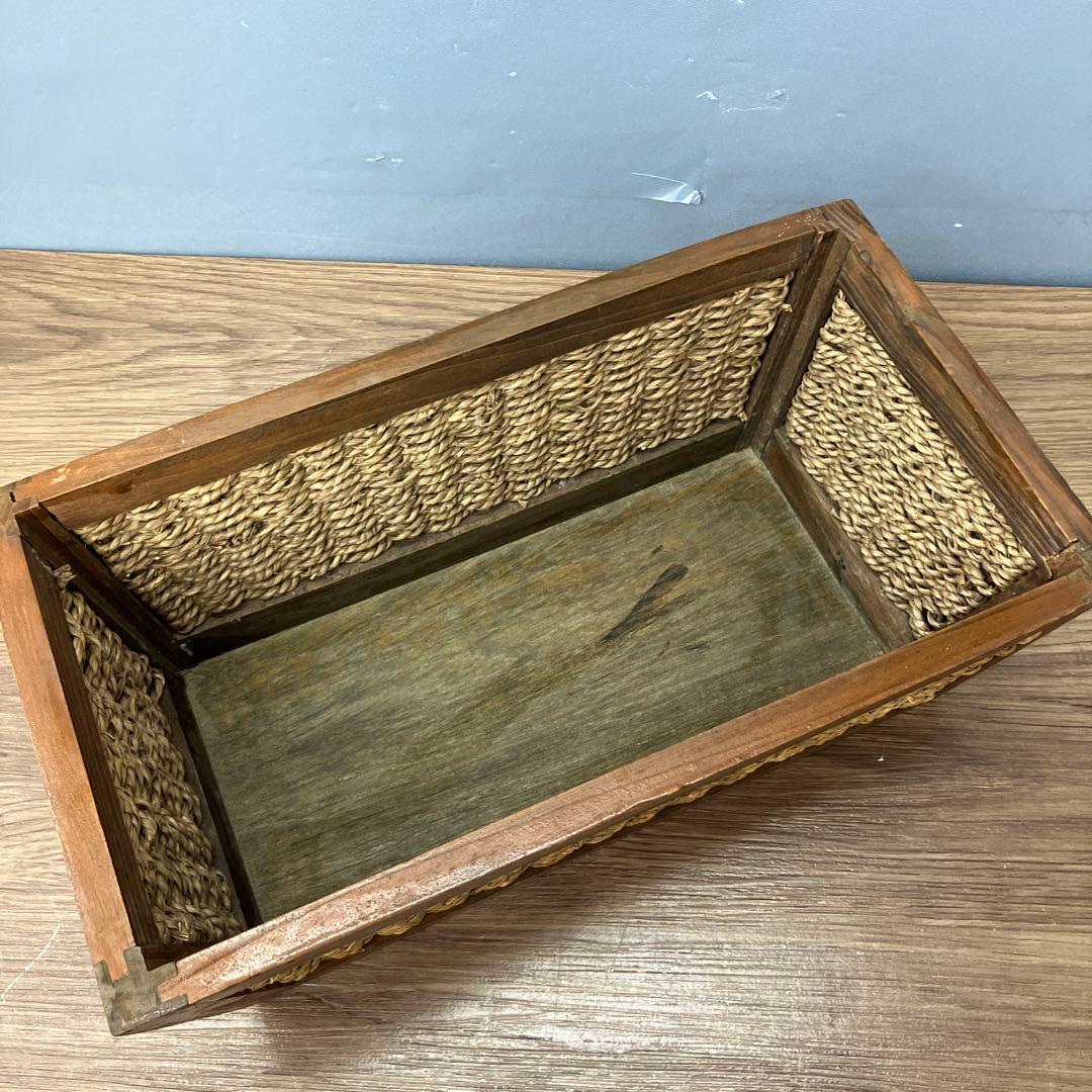 4F 木製フレーム 編み込みバスケット 収納かご アンティーク調 天然素材
