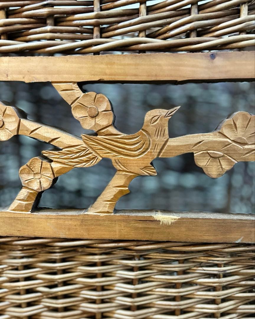1960年代　柳編み 収納かご バスケット 木彫装飾 鳥 手編み ウィロー　藤