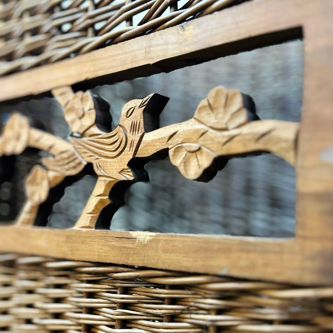 1960年代　柳編み 収納かご バスケット 木彫装飾 鳥 手編み ウィロー　藤