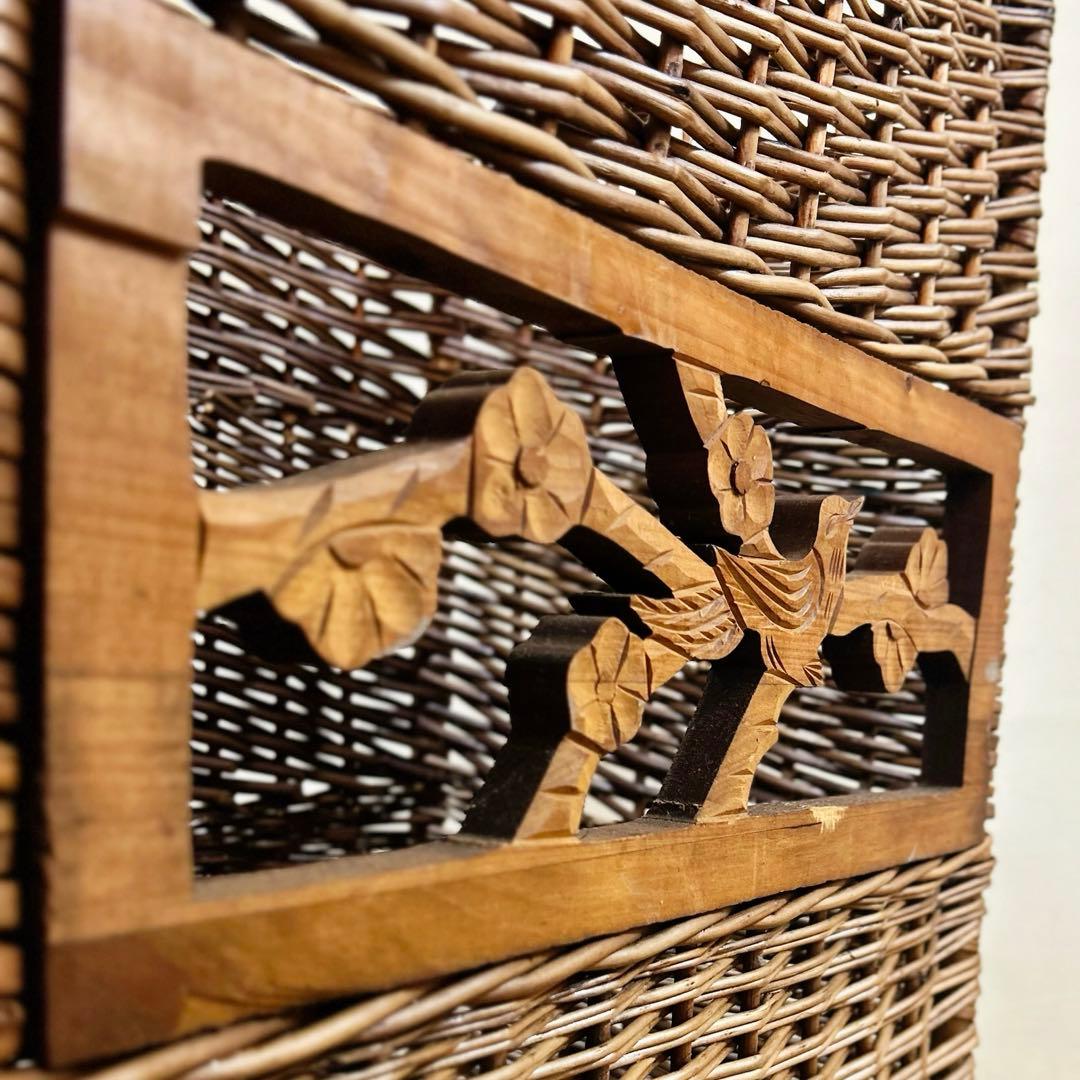1960年代　柳編み 収納かご バスケット 木彫装飾 鳥 手編み ウィロー　藤