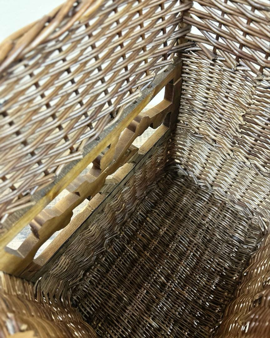 1960年代　柳編み 収納かご バスケット 木彫装飾 鳥 手編み ウィロー　藤