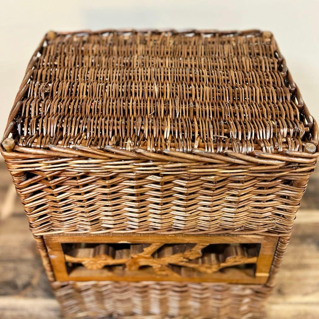 1960年代　柳編み 収納かご バスケット 木彫装飾 鳥 手編み ウィロー　藤