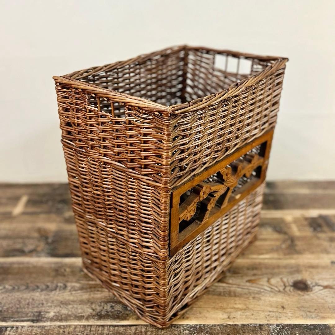 1960年代　柳編み 収納かご バスケット 木彫装飾 鳥 手編み ウィロー　藤