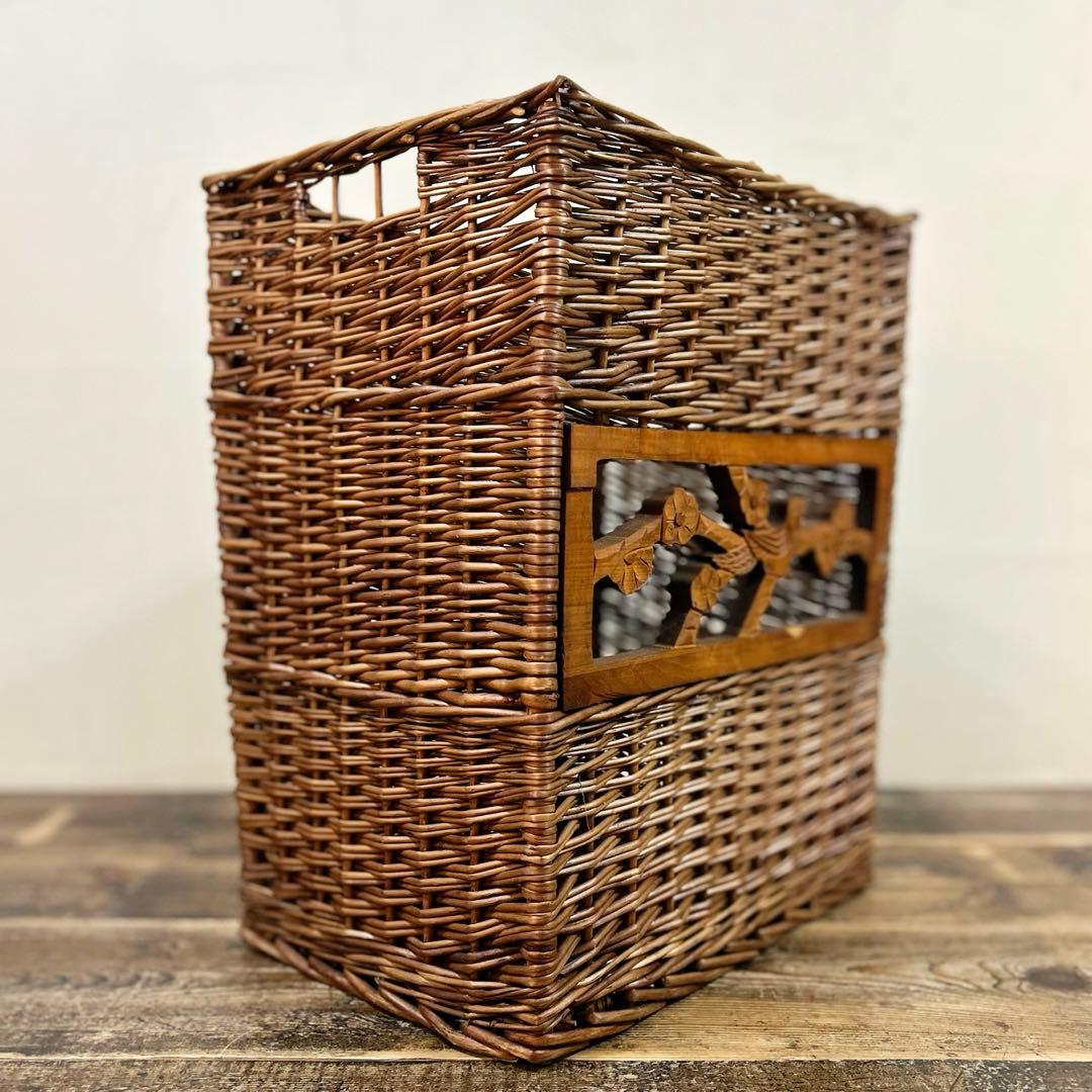 1960年代　柳編み 収納かご バスケット 木彫装飾 鳥 手編み ウィロー　藤