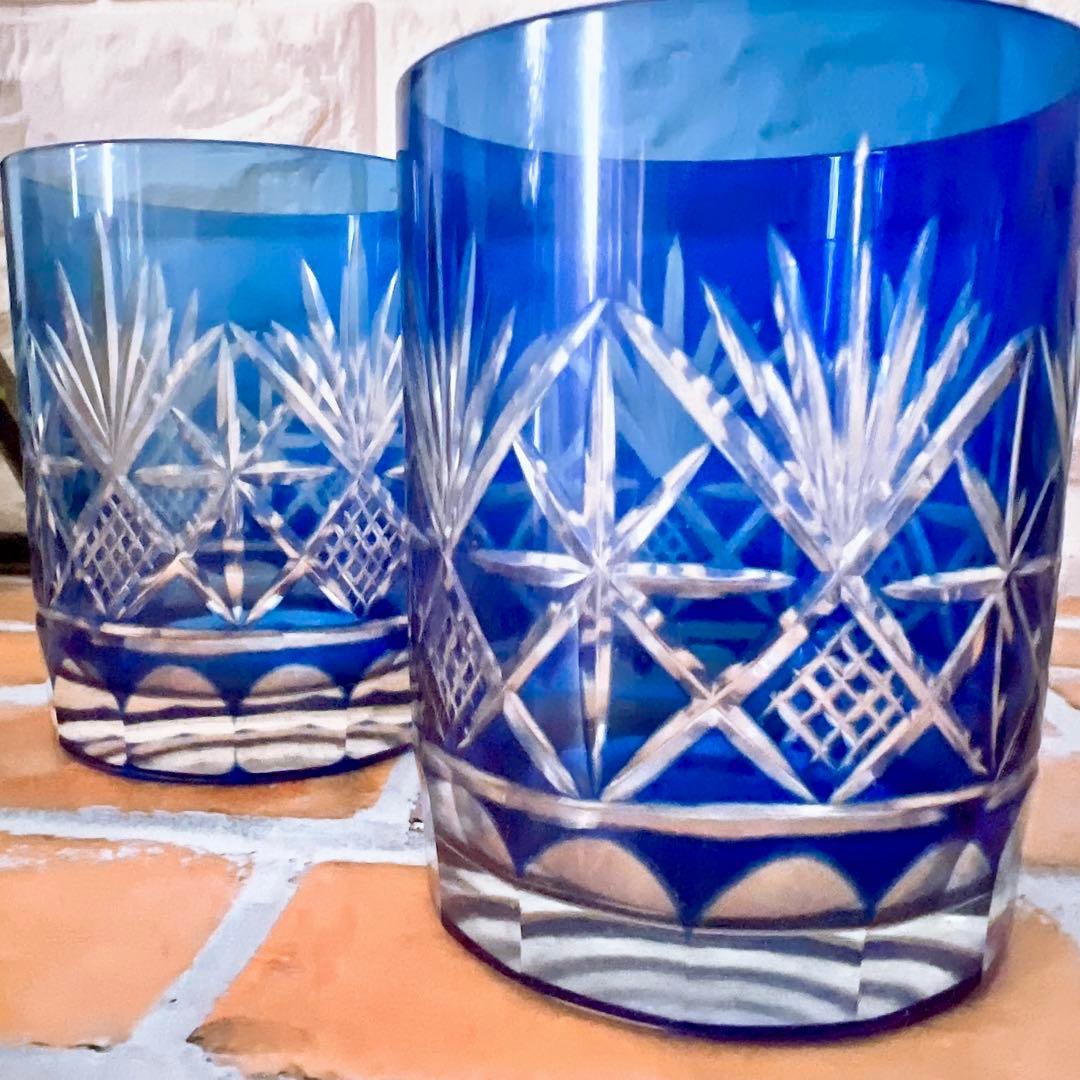江戸切子 グラス 5個 セット ガーネット 剣菱花 コバルトブルー 剣菱光