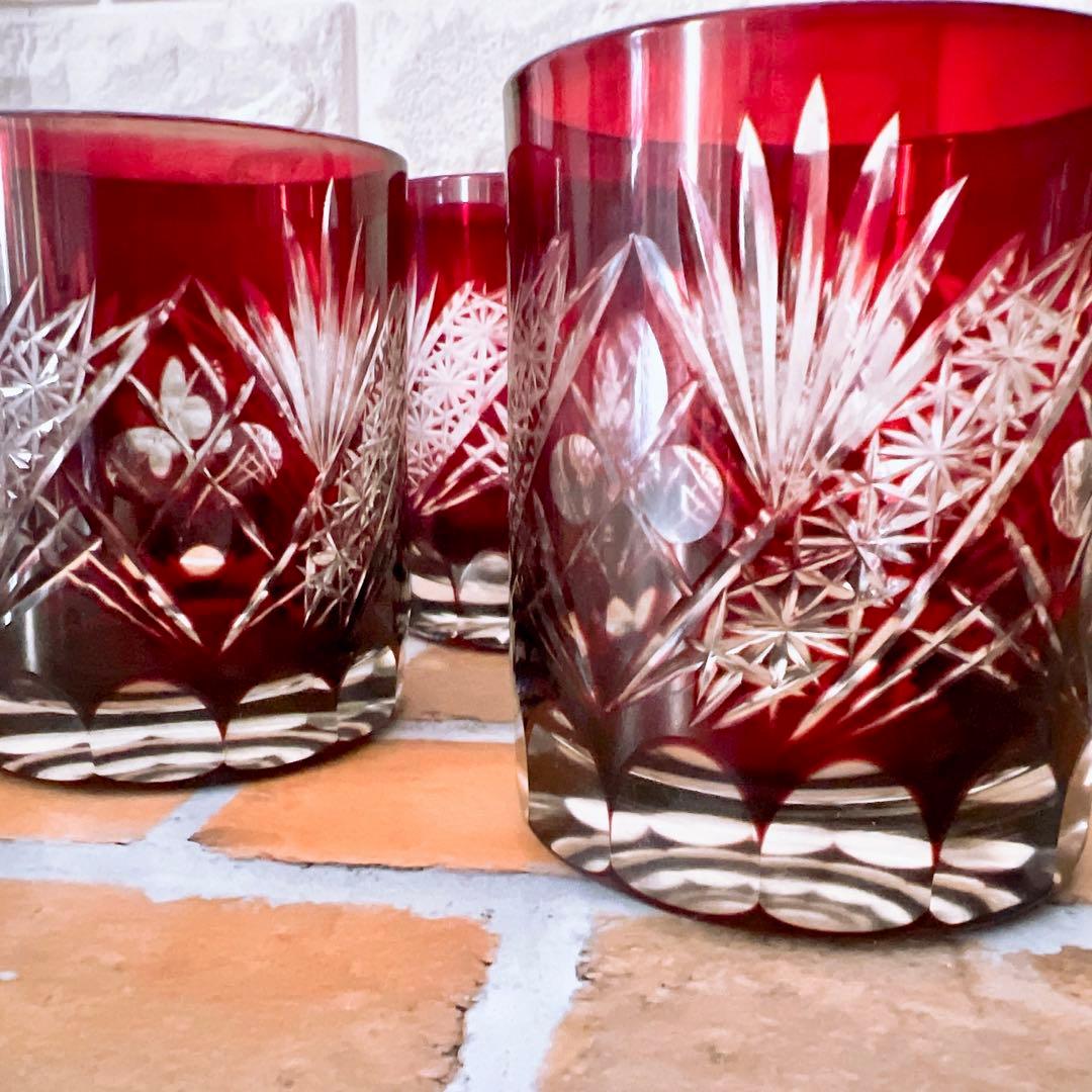 江戸切子 グラス 5個 セット ガーネット 剣菱花 コバルトブルー 剣菱光