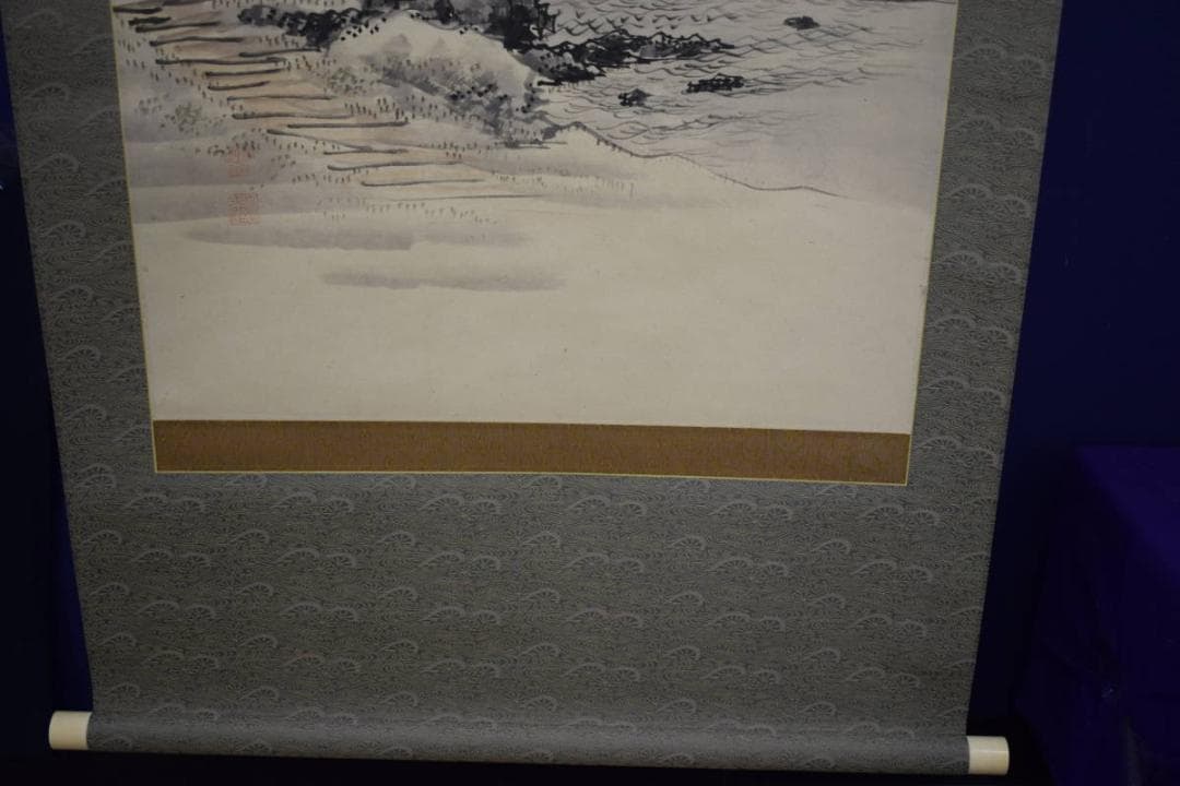 真作/藤井松林/内海風景遠望図/山水帆船図/桐極箱付/布袋屋掛軸HI-393