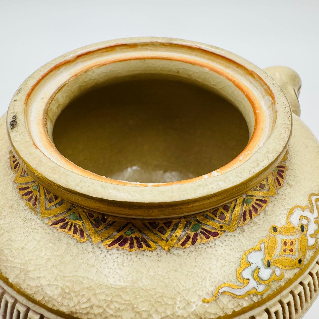 【白薩摩　光石窯　象耳香炉　色絵付け】骨董　アンティーク　インテリア