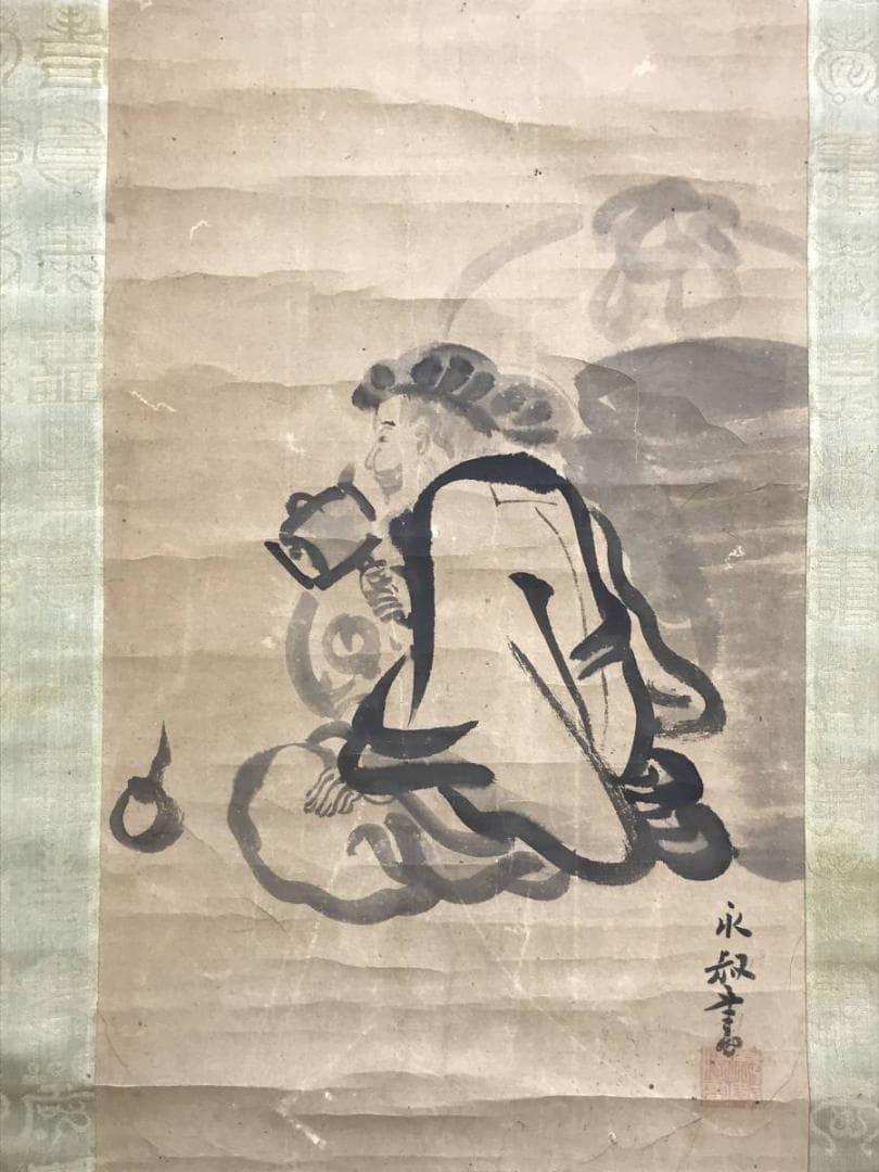 【真作】狩野英叔/大黒図/人物図/掛軸/名家伝来/AD-353