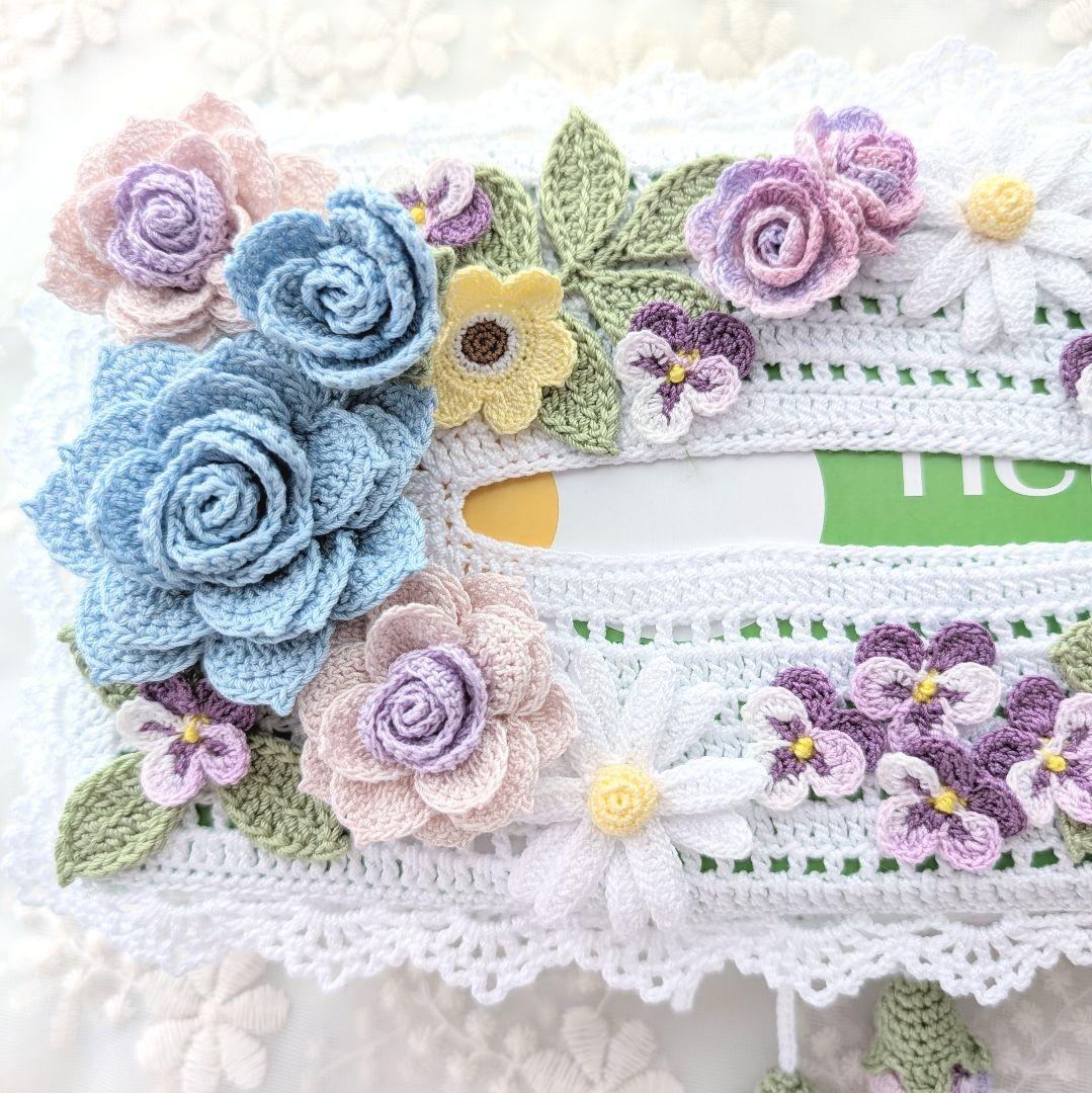 【ここ】薔薇のお花モチーフ付きティッシュボックス☆ハンドメイドレース編み