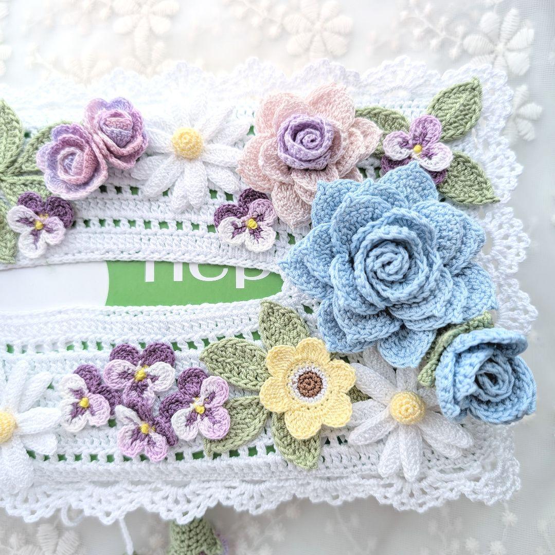 【ここ】薔薇のお花モチーフ付きティッシュボックス☆ハンドメイドレース編み
